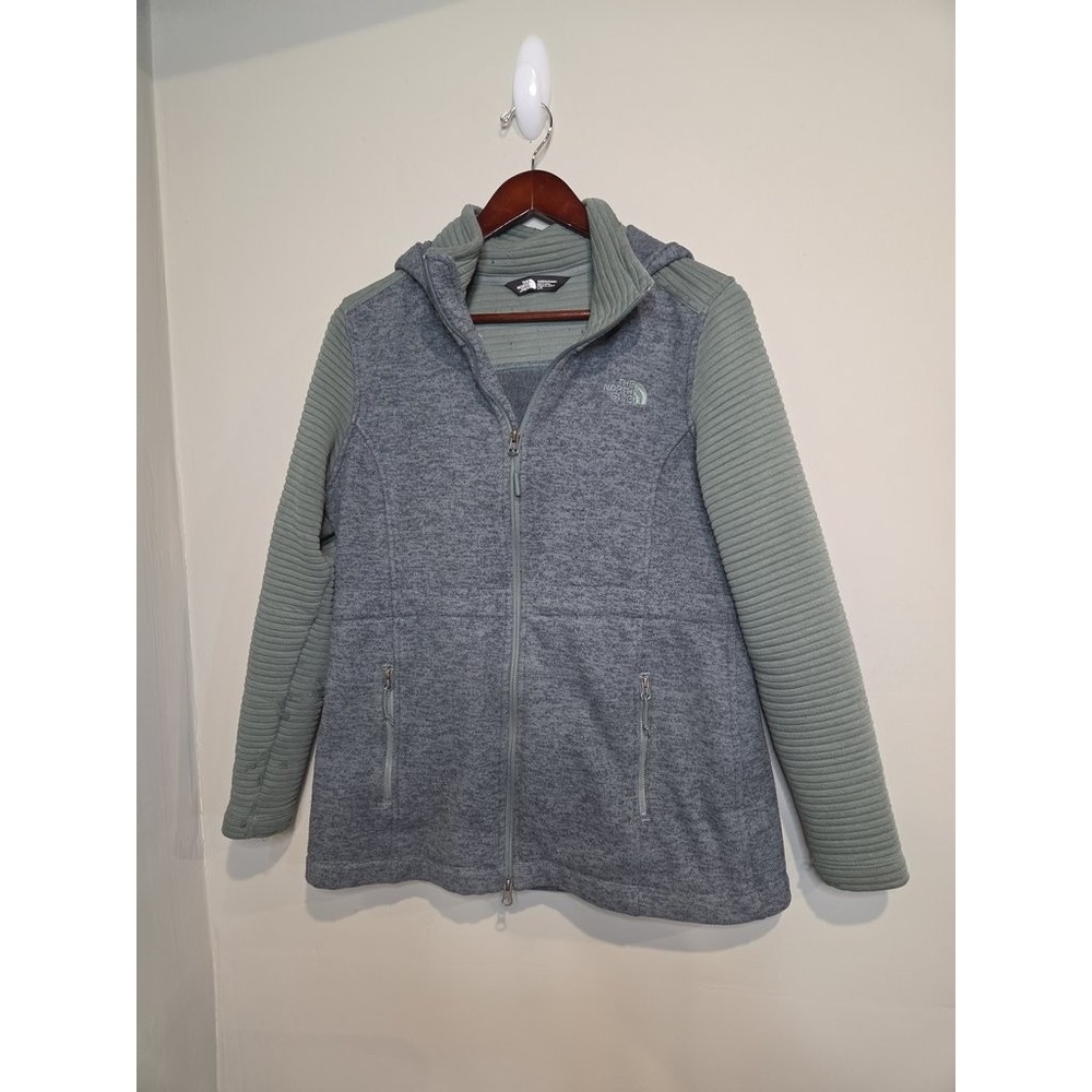 The North Face Jacket Womens L Gray Green Fleece Full Zip Hooded Ribbed Sleeve